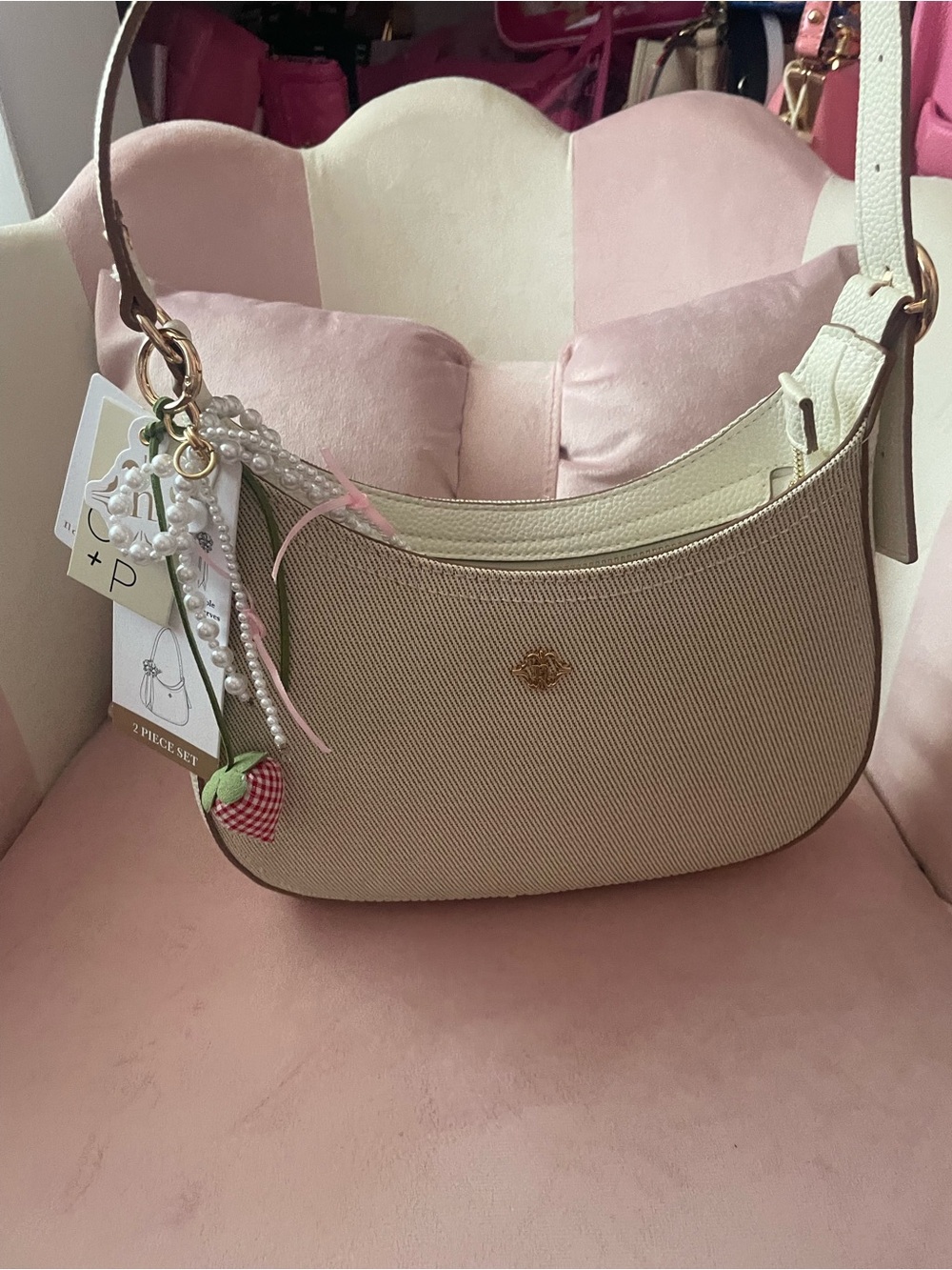Nanette Lepore Cream & Tan Shoulder Bag with Strawberry Charm